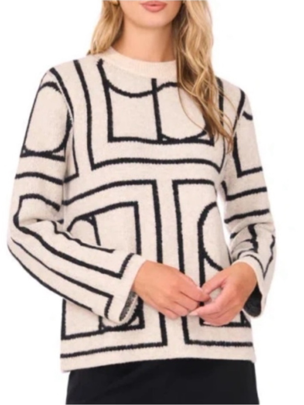 Vince Camuto Cream Sweater with Black Graphic Maze Pattern